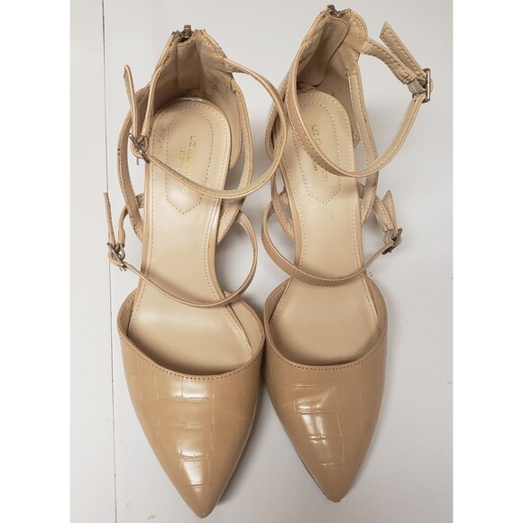 Liz Claiborne Faux Croc Tan Strap Pointy Toe Zip Accent Stiletto Sz 9M PO Exc - Picture 1 of 12